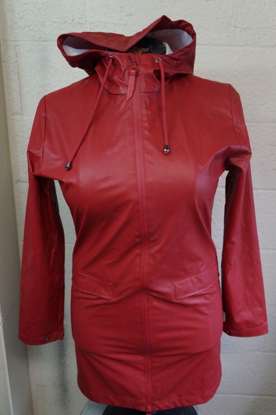 Authentic RAINS Waterproof Hooded Raincoat – Scarlet Red – Women's Size Small